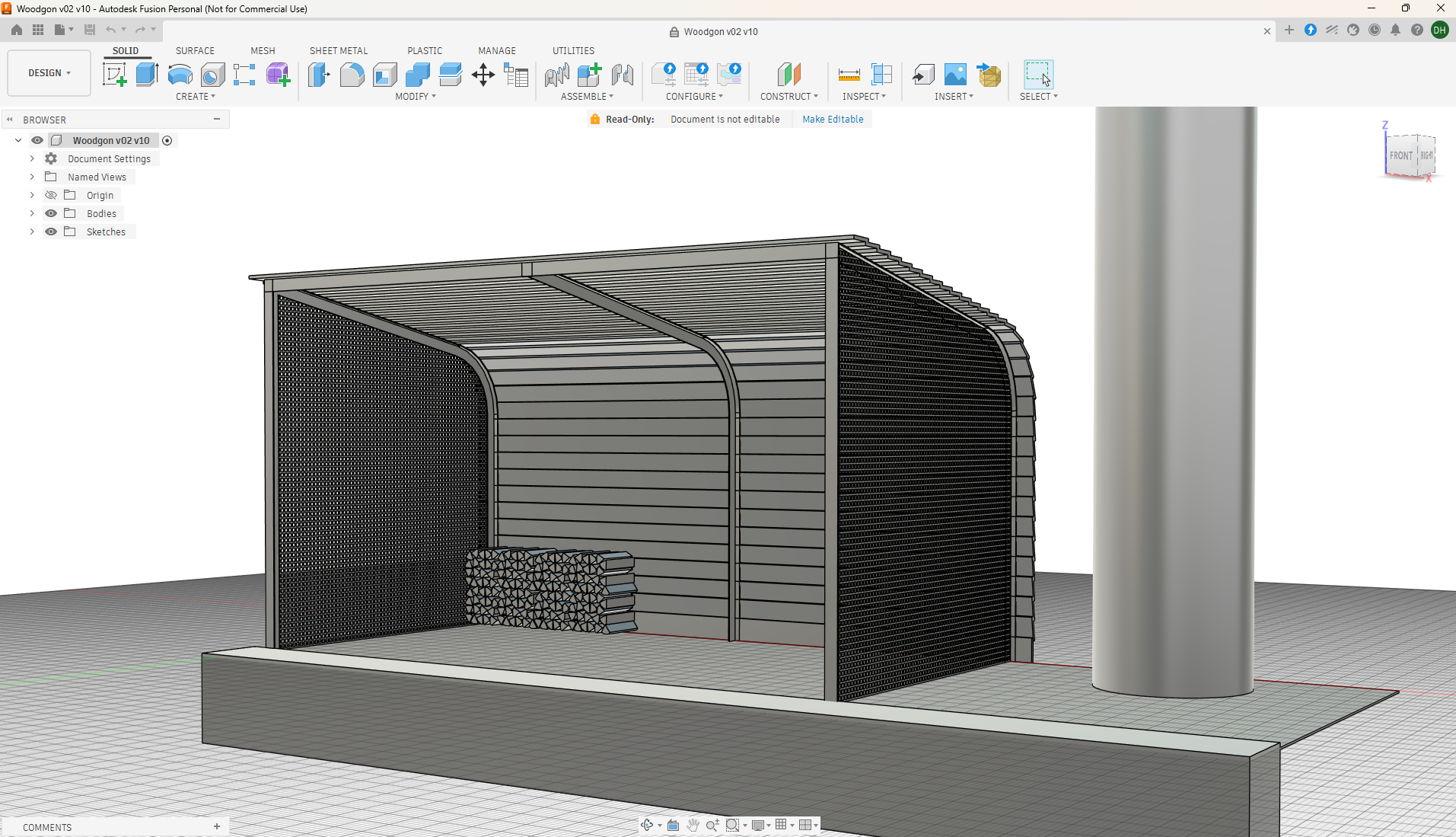 Woodgon — CAD model dřevníku v Autodesk Fusion